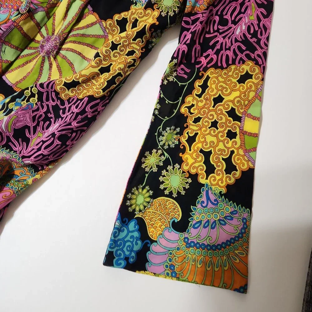 Trina Turk Silk Mini Dress Retro colorful print Bell Sleeve size 0 - Picture 9 of 11